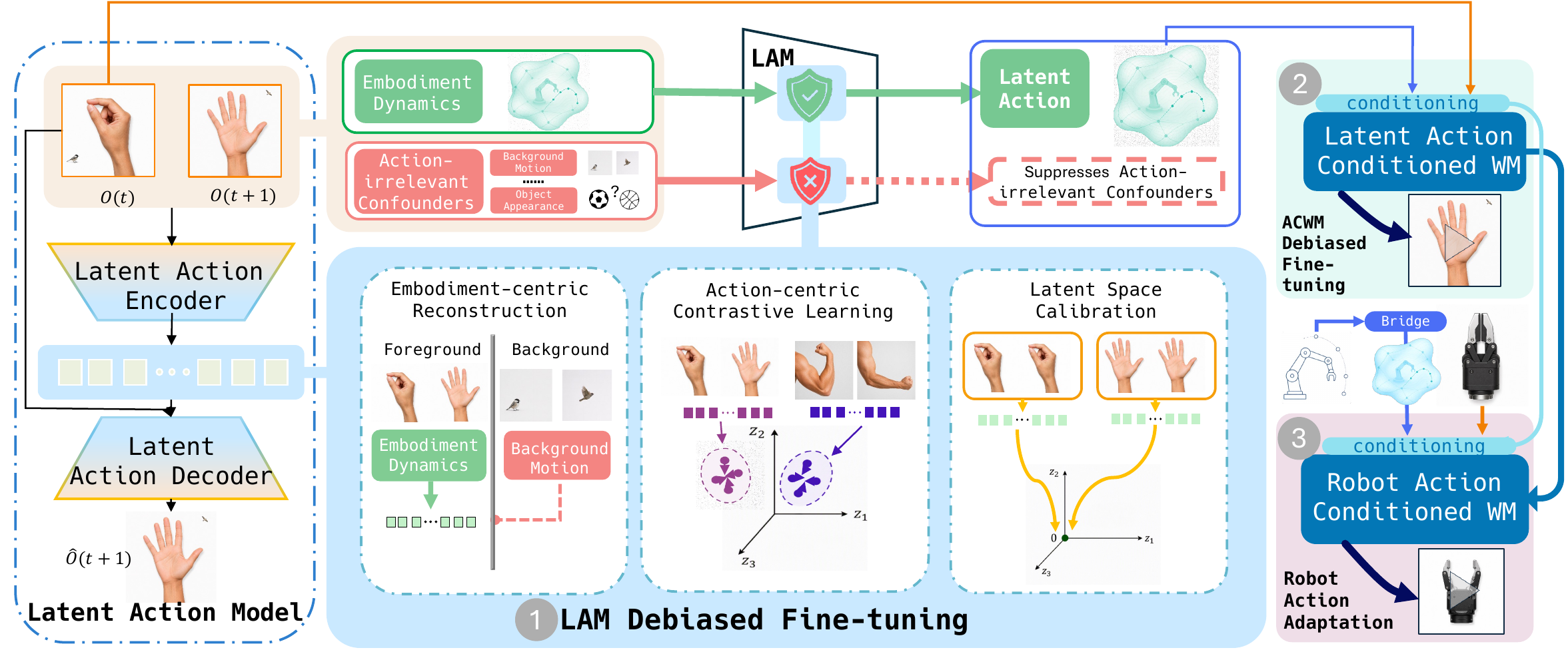 The three-stage CD-LAM training pipeline, covering LAM debiased fine-tuning, ACWM debiased fine-tuning, and robot-action post-training.