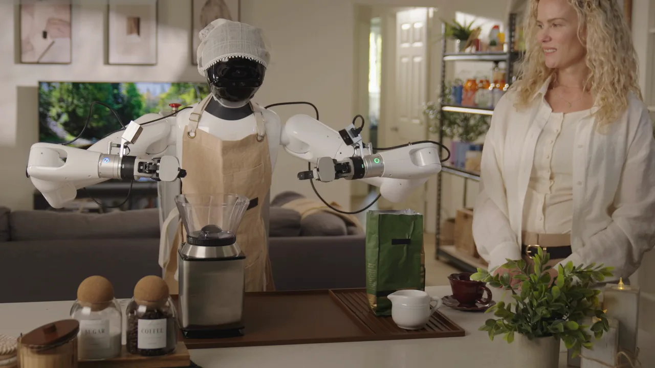 CRIS-0 at a kitchen counter preparing coffee beside a person