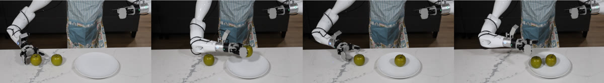 Four frames of a demonstration: the robot picks up two apples one after the other and places them on a plate