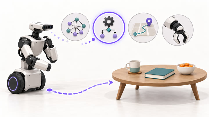 A robot considers several tools shown as icons and picks one before approaching a coffee table